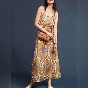Anthropologie | Akimi + Kin medallion gold stitching, maxi dress small